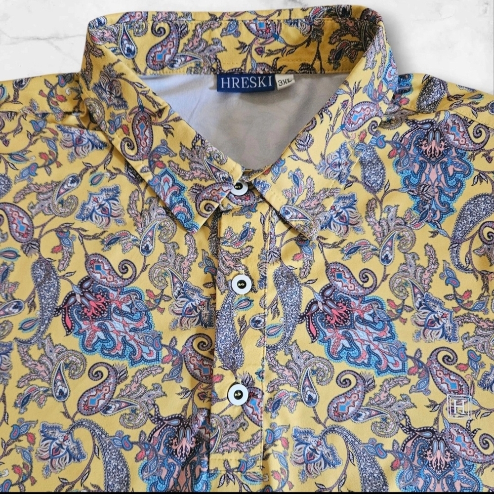 HRESKI Polo Shirt Mens 3XL Yellow Paisley Performance Golf Short Sleeve